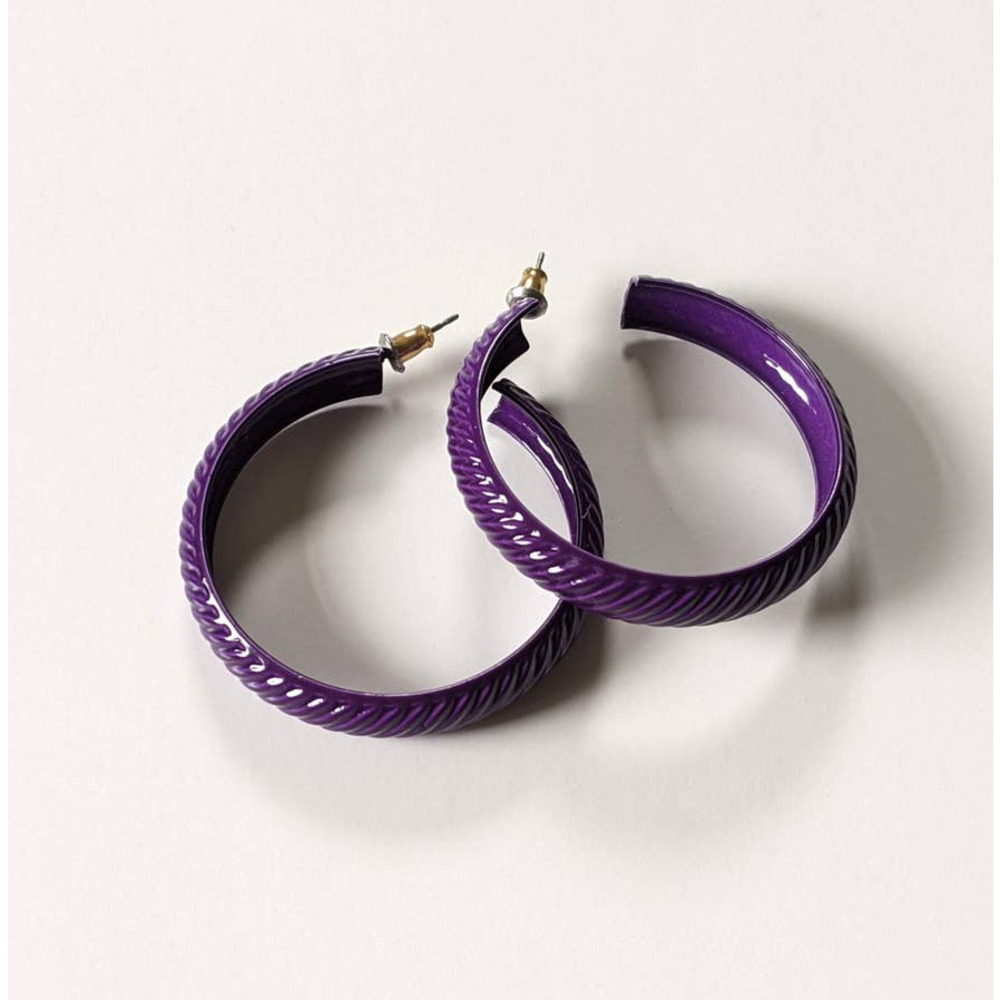 Vintage 80's Purple Hoop Ribbed Enamel Earrings // 1980's Large Hoop Earrings